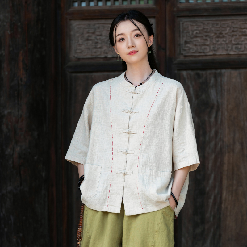 新中式棉麻盘扣上衣太极服高端表演太极拳练功服女短袖开衫外套薄