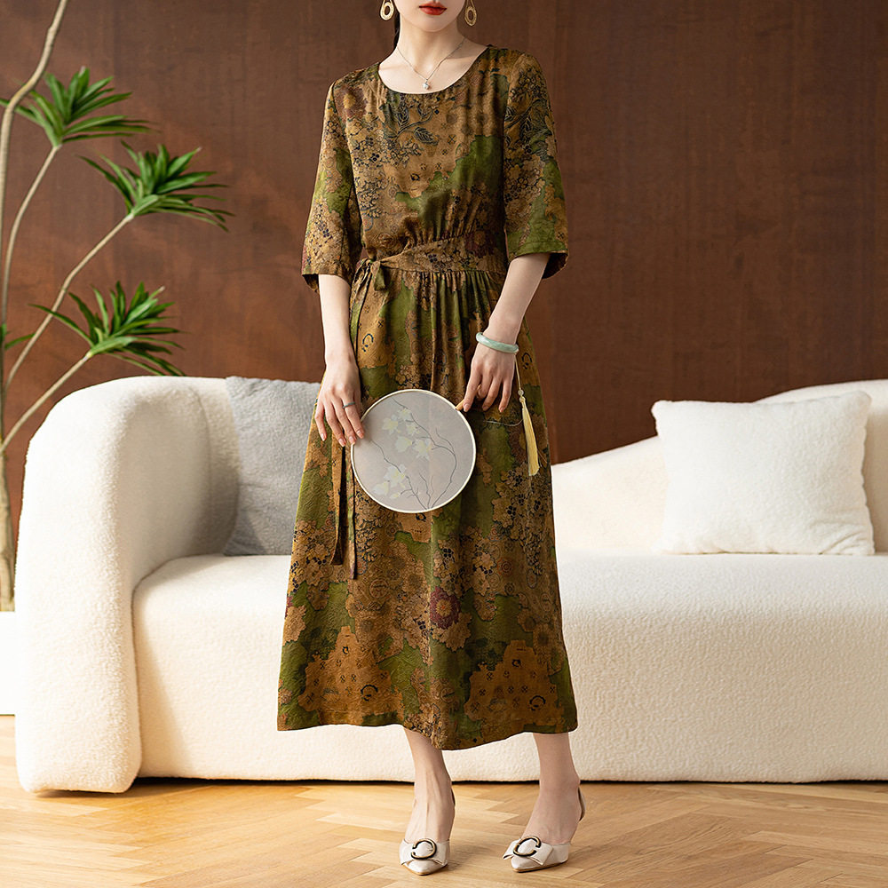 杭州香云纱连衣裙女2023年夏新款真丝桑蚕丝系带丝绸中长裙子