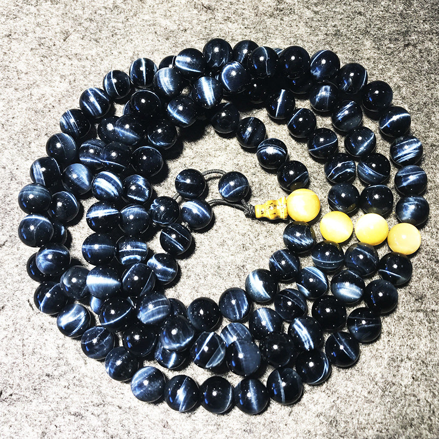 天然蓝虎眼石手链男女108颗佛珠猫眼石鹰眼闪电虎睛石单散珠手串