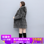 海宁皮草水貂毛外套女修身 连帽皮毛一体整貂皮女小母貂大衣 中长款
