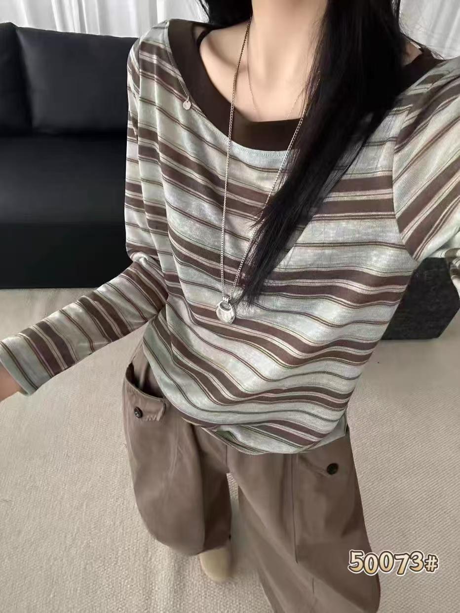 欧洲站2026秋季新韩版时尚一字领宽松显瘦百搭撞色条纹长袖T恤女