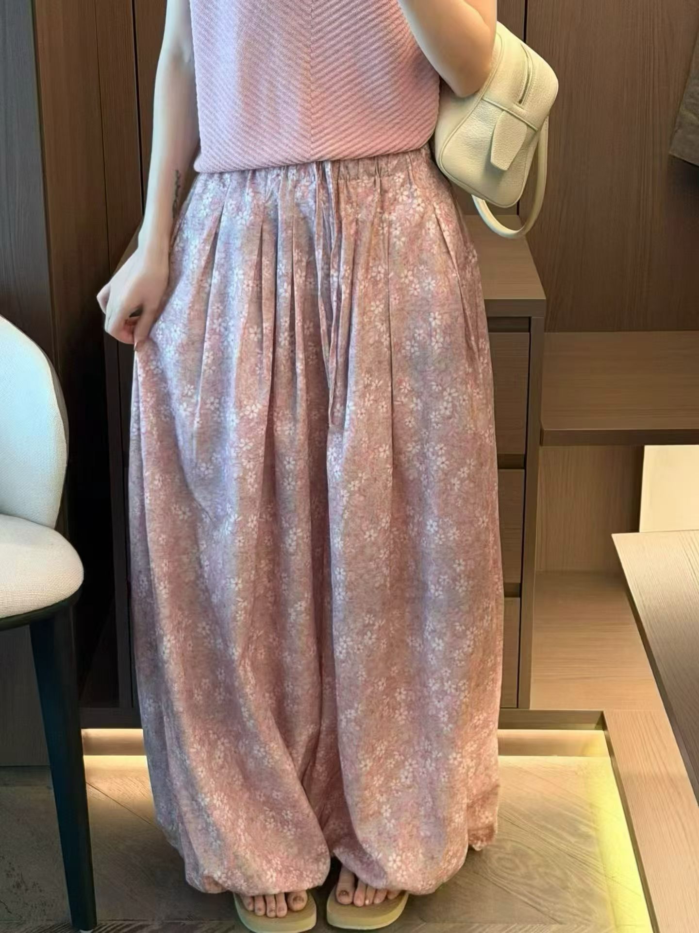 欧洲站2026秋季新韩版时尚松紧腰宽松显瘦百搭碎花休闲裤女
