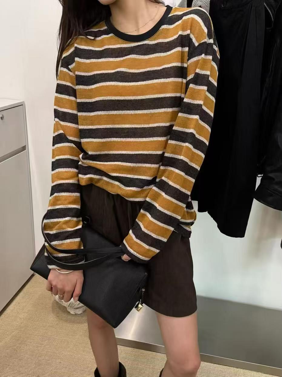 欧洲站2026秋季新韩版时尚圆领宽松显瘦百搭条纹长袖T恤女