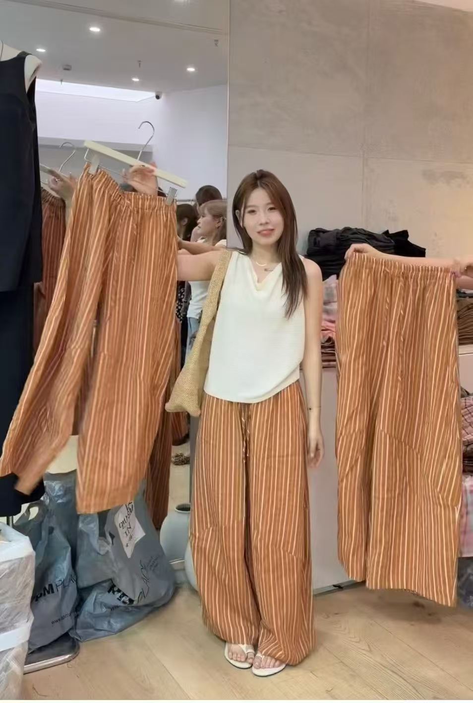 欧洲站2026夏季新韩版时尚高腰显瘦百搭条纹阔腿裤休闲裤女