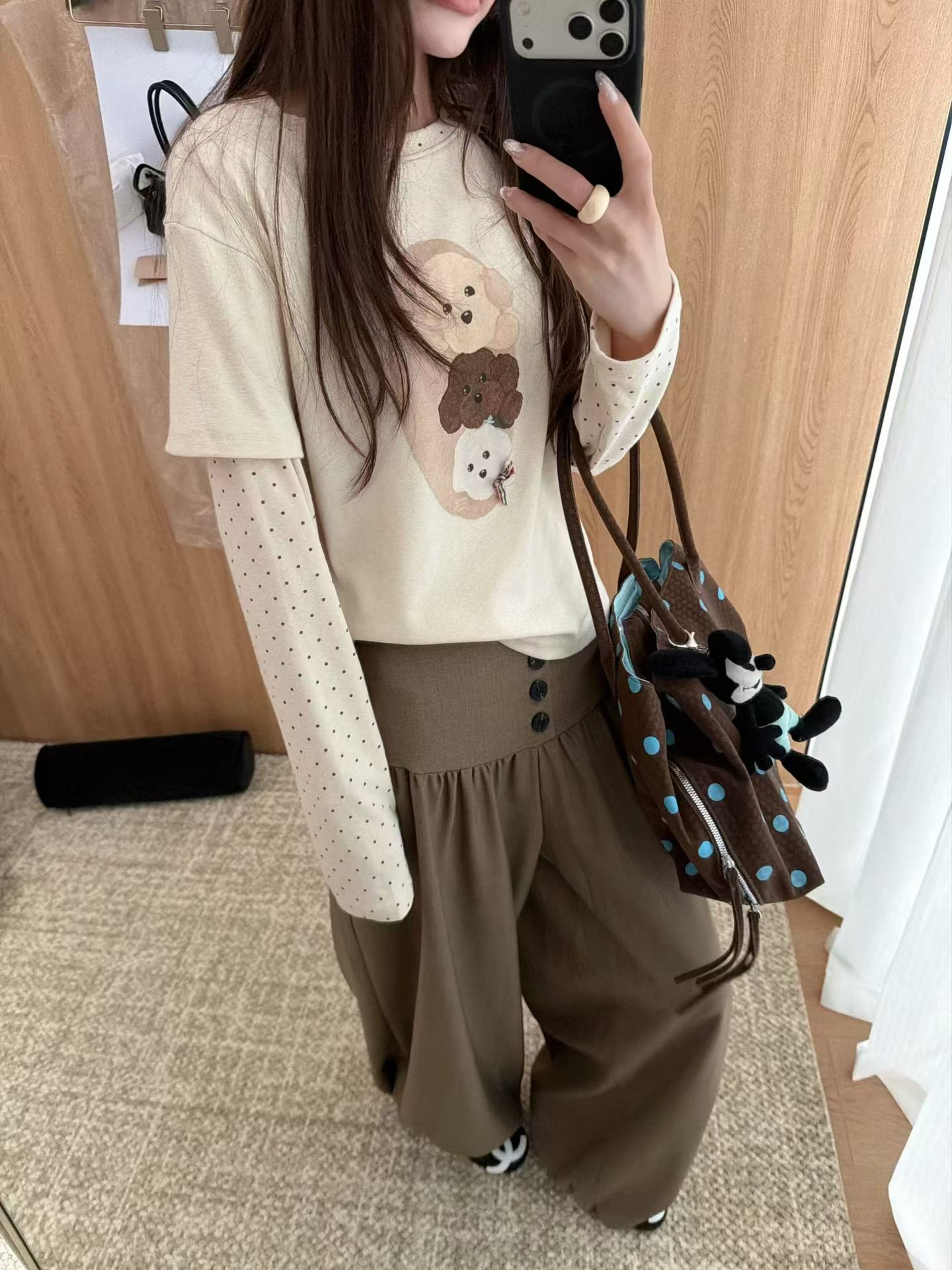 欧洲站2026秋季新韩版时尚圆领宽松显瘦百搭卡通假两件长袖T恤女