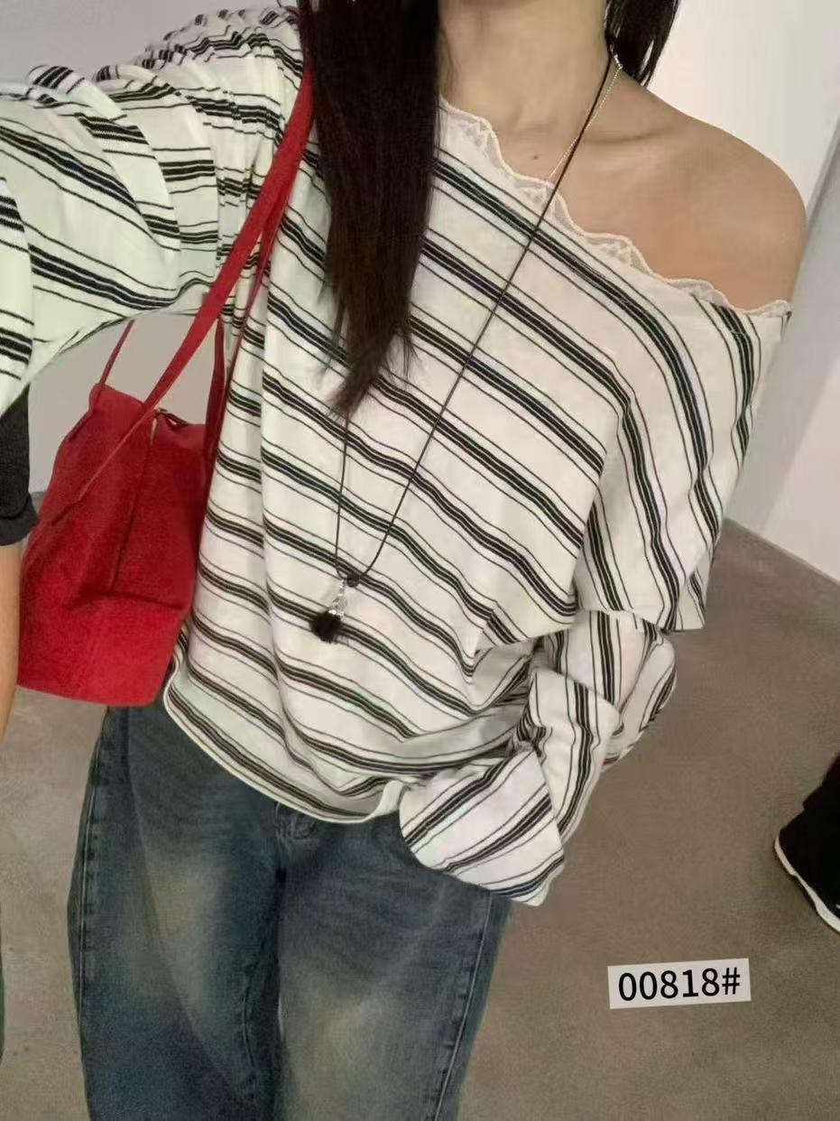 欧洲站2026秋季新韩版时尚一字领蕾丝宽松显瘦百搭条纹长袖T恤女