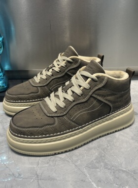 男鞋2025年冬季新款加绒保暖棉鞋复古休闲潮流增高厚底高帮板鞋男