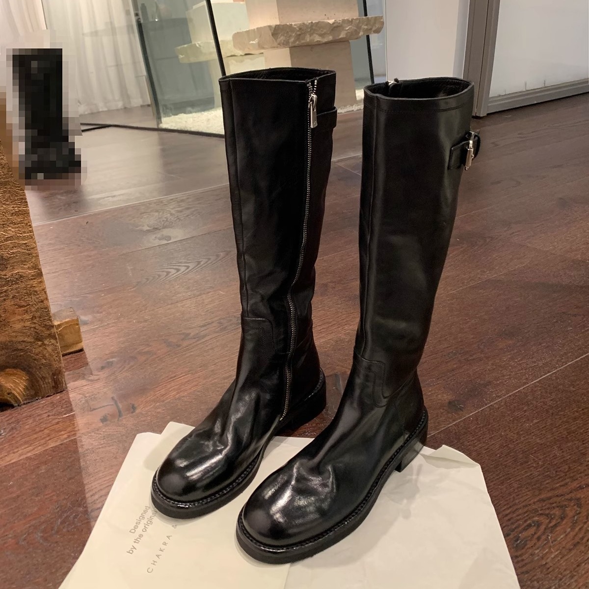 水洗马皮~真皮复古厚底骑士靴女秋冬新款显瘦粗跟高筒靴女长筒靴