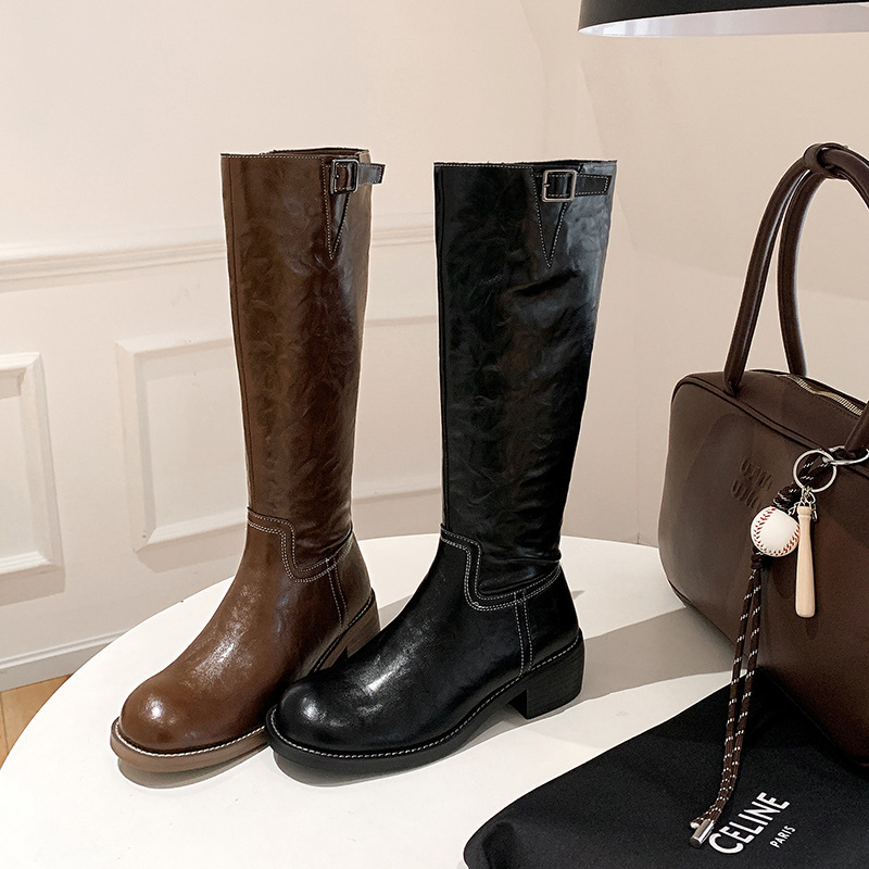 长靴2025年新款女秋冬做旧水洗马皮粗跟侧拉链骑士靴厚底长筒靴