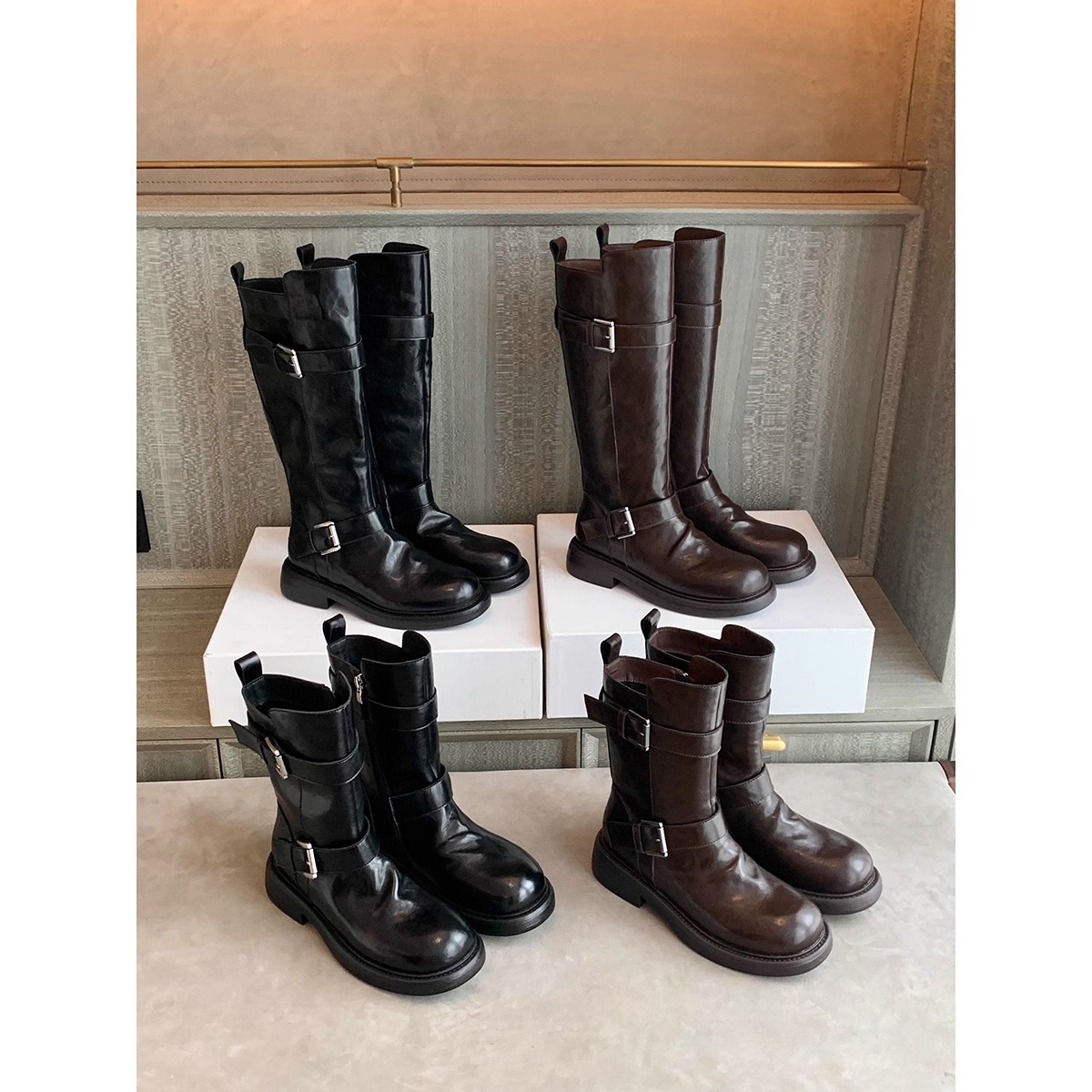 圆典~复古棕色褶皱堆堆烟管靴2025秋冬皮带扣瘦瘦靴机车马丁靴女