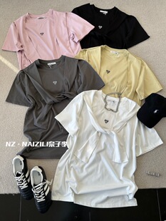 【奈子】时尚韩版假两件圆领个性刺绣字母短袖T恤 5179# OZQ