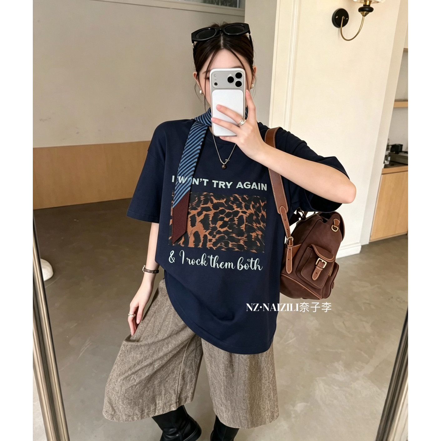 潮流时尚女装奈子-秋上新新款IWON豹纹印花大版短袖T恤26559