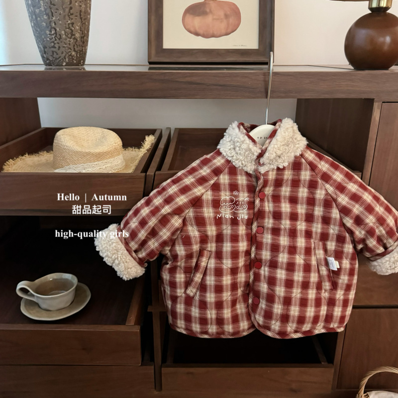 冬季女宝宝加绒格子棉袄双面穿