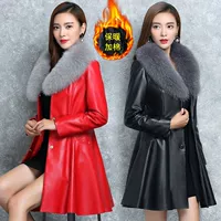 Mùa thu đông 2019 mới Hained leather fur giả lông cáo cổ áo khoác da PU dài cộng với cotton Slim phiên bản Hàn Quốc - Quần áo da áo da dê