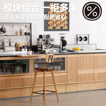 壹佰木实木岩板餐边柜茶吧机一体咖啡柜靠墙不锈钢吧台矮柜茶水柜