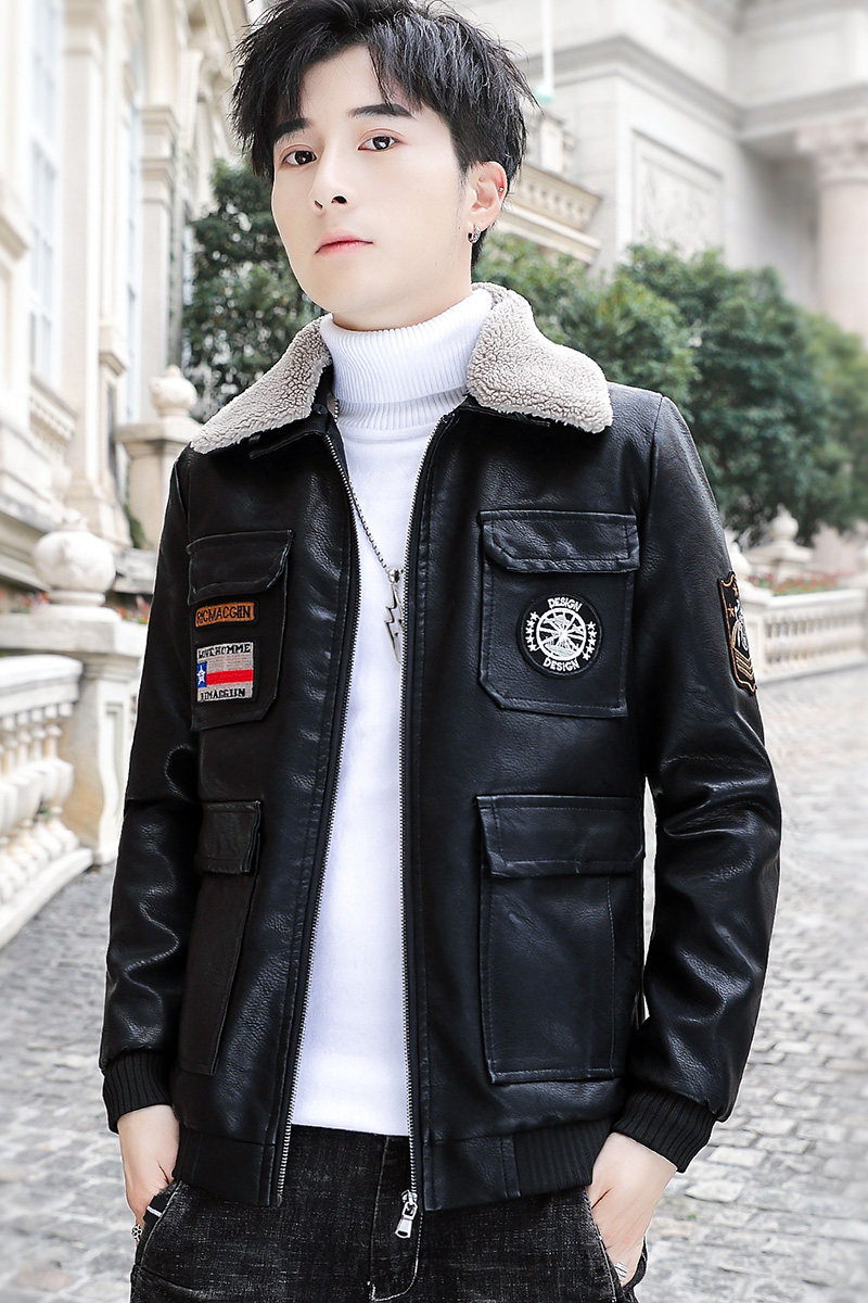 冬季加绒皮衣青年个性徽章机车服帅气皮夹克外套男PY1806-P130,男装皮衣,星座310B-3