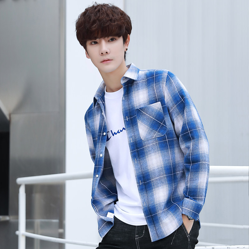 格子衬衫男长袖新款秋秋季潮流休闲衬衣XZ313B-1-9692-P50,男装衬衫,星座310B-3