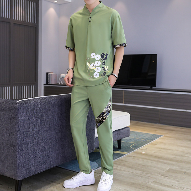 2021主推大货风套装男短袖大码汉服两件套XZ313B-1-TZ888-P50,男装休闲套装,星座310B-3