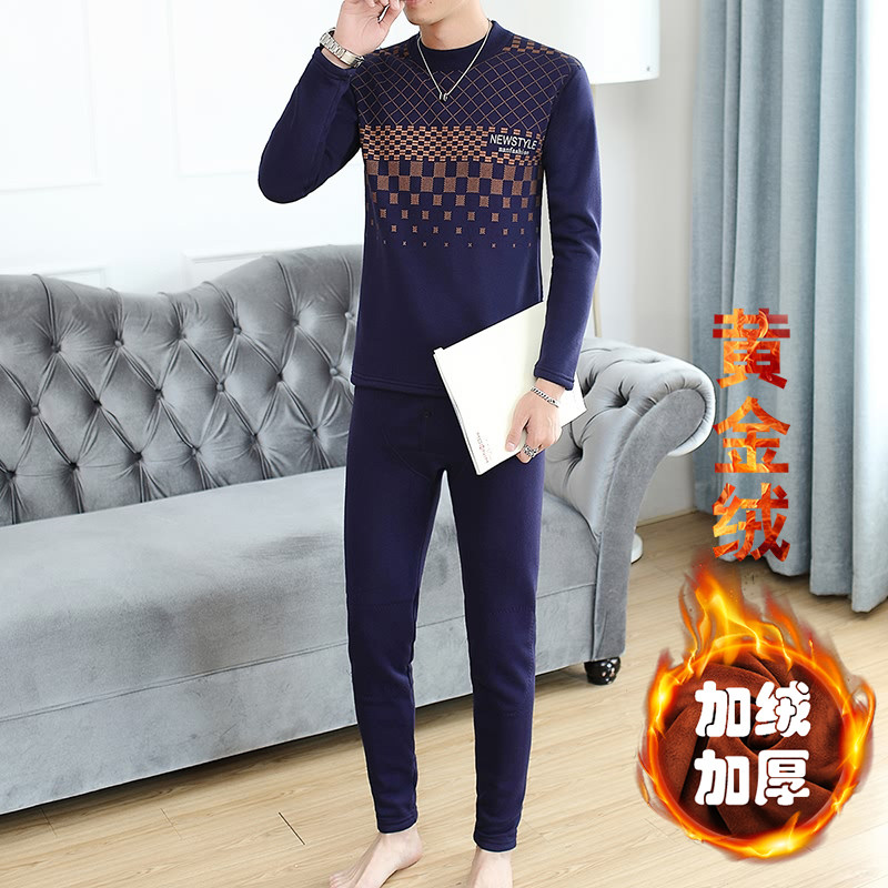 秋冬新款男士纯棉休闲加绒加厚长袖保暖套装XZ313B-1-TZ88-P65图片