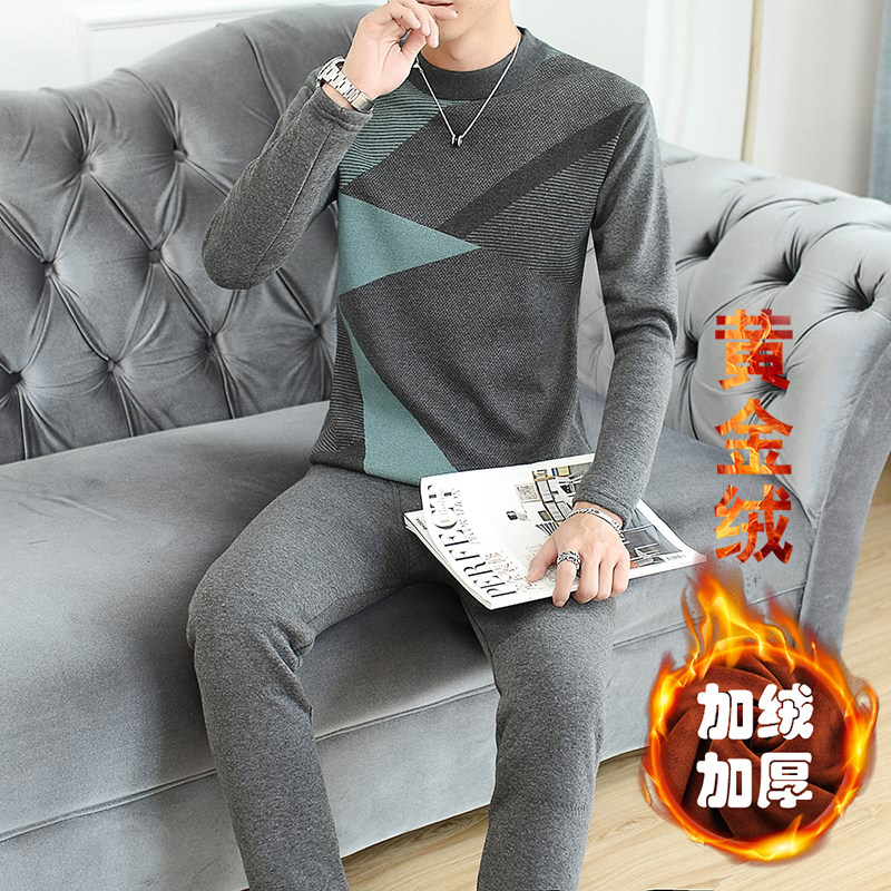 秋冬男士休闲纯棉加绒加厚保暖长袖两件套套装XZ313B-1-TZ77-P65,男装休闲套装,星座310B-3