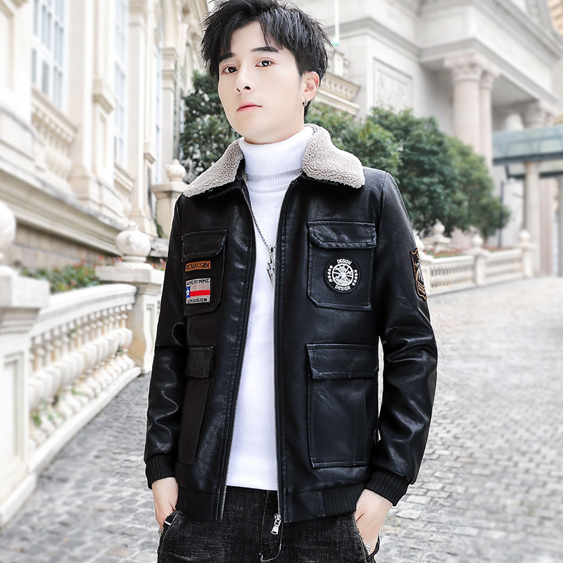 冬季加绒皮衣青年个性徽章机车服帅气皮夹克外套男PY1806-P130,男装皮衣,星座310B-3