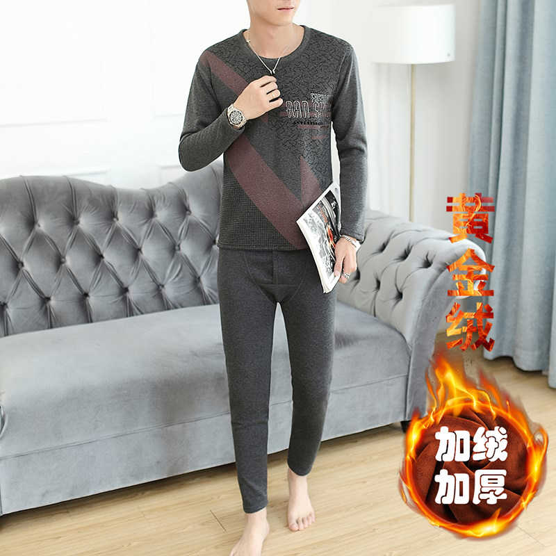 秋冬男士休闲纯棉加绒加厚保暖长袖两件套套装XZ313B-1-TZ77-P65,男装休闲套装,星座310B-3