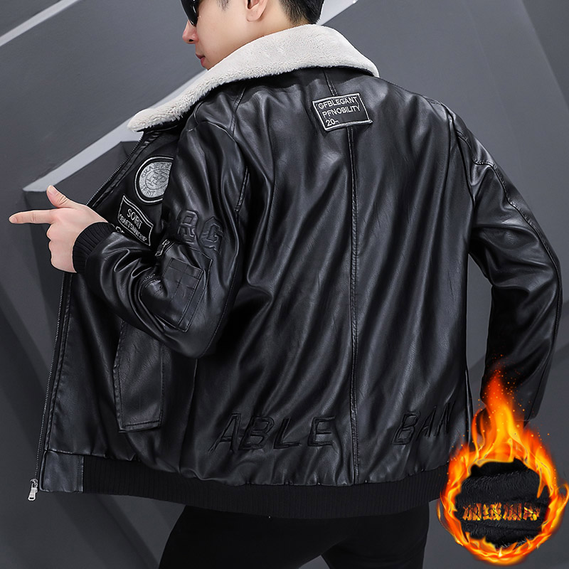 秋冬加绒皮衣羊羔毛翻领型男帅气皮夹克外套XZ313B-1-A06-P130,男装皮衣,星座310B-3