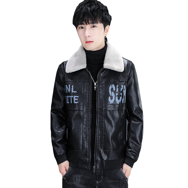 秋冬加绒羊羔毛翻领印花休闲男士皮衣夹克外套XZ313B-1-A008-P130,男装皮衣,星座310B-3
