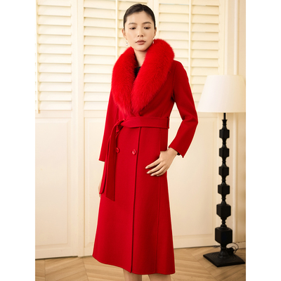 双面羊绒大衣女狐狸毛领新款高端中长款过膝红色中长款羊毛呢外套