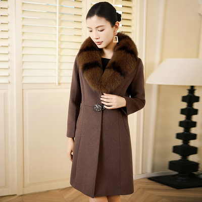 秋冬款狐狸毛领羊绒大衣女中长款小个子修身显瘦高端羊毛呢外套