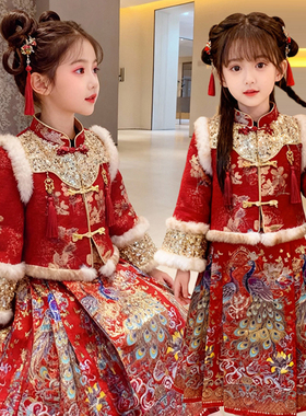 女童中国风唐装拜年服红色刺绣套装2025新款儿童装过年汉服两件套