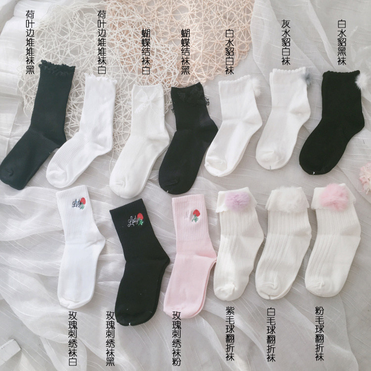 日系甜美风花边蝴蝶结制服袜图片