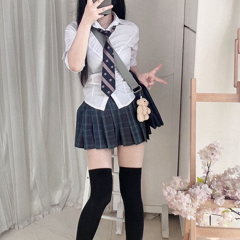 jk弹力收腰衬衫制服百褶格裙套装图片