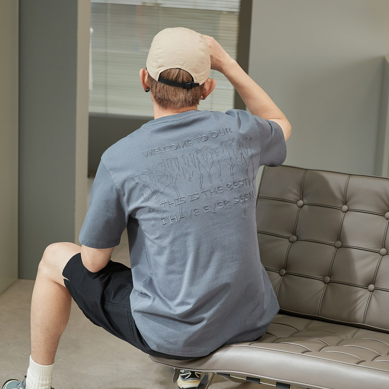 唐狮2022夏季新款文字绣短袖t恤男潮纯色休闲宽松打底衫半袖