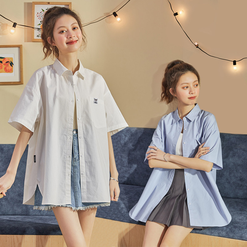 唐狮短袖衬衫女2021夏季新款设计感小众衬衣法式复古白色港味上衣