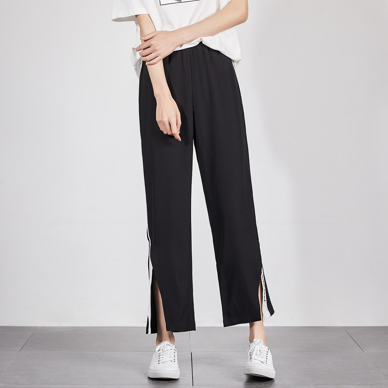 唐狮2020夏装新款休闲裤女时尚拼接侧边开叉绣字宽松阔腿休闲裤潮