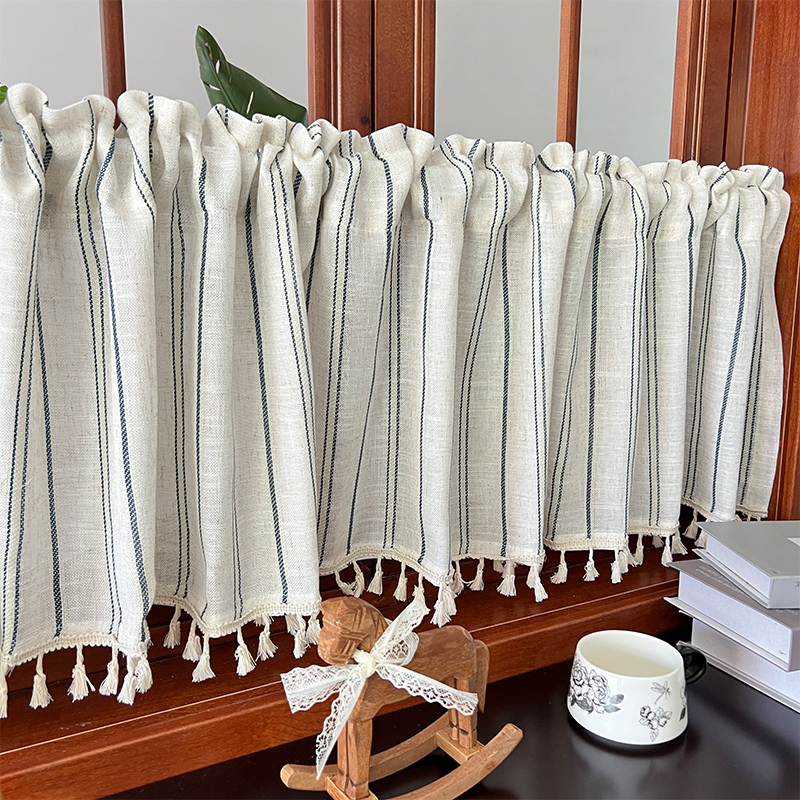 亚麻北欧风厨房半帘遮光小短帘免打孔门帘透光不透人橱柜遮挡帘