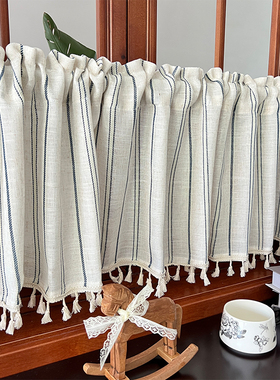 亚麻北欧风厨房半帘遮光小短帘免打孔门帘透光不透人橱柜遮挡帘