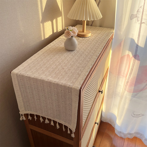 法式复古奶油风桌旗华夫格棉麻餐桌茶几餐边柜蕾丝桌布电视柜鞋柜