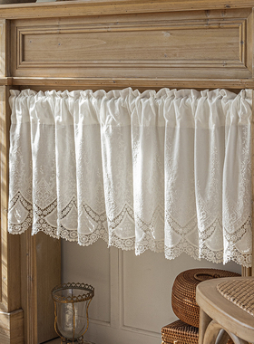 法式白色蕾丝厨房短帘美式纱帘半帘魔术贴免打孔穿杆隔断咖啡门帘