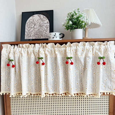 法式田园风碎花雏菊奶油色窗帘女生卧室门帘免打孔魔术贴短帘半帘