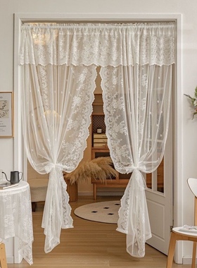 法式白色免打孔魔术贴蕾丝纱帘飘窗简易窗纱门帘奶油风客厅阳台