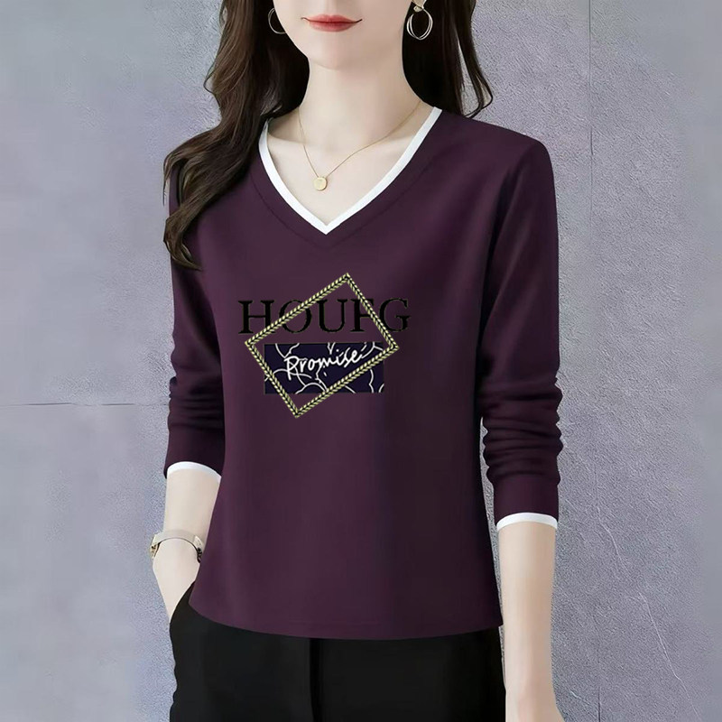 纯棉长袖t恤女士V领打底衫初秋2025新款高端洋气正肩宽松休闲上衣