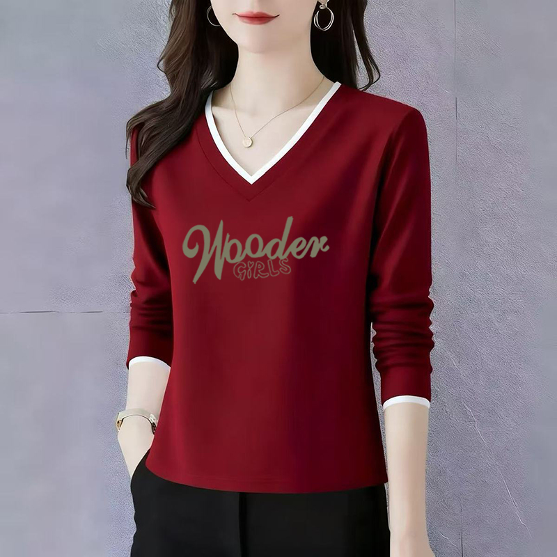 纯棉长袖t恤女士V领打底衫初秋2025新款高端洋气正肩宽松休闲上衣