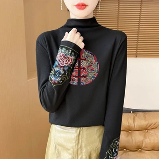 T恤国风印花保暖上衣 中式 秋冬半高领德绒打底衫 女复古民族风长袖