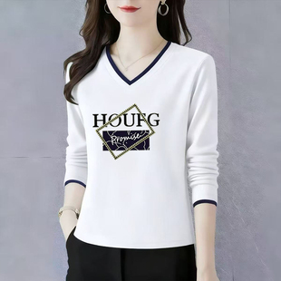 纯棉长袖t恤女士V领打底衫初秋2025新款高端洋气正肩宽松休闲上衣
