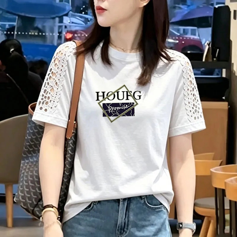 纯棉时尚镂空花边拼接短袖T恤女夏季新款宽松洋气圆领半袖女上衣