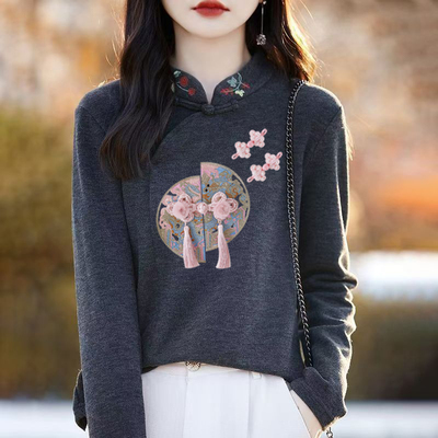 2024秋冬新款双面德绒女士刺绣印花宽松显瘦打底衫国风中式立领