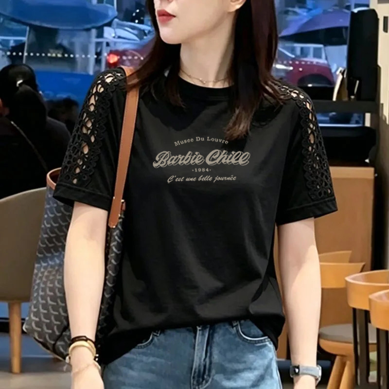 纯棉时尚镂空花边拼接短袖T恤女夏季新款宽松洋气圆领半袖女上衣