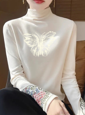 秋冬半高领德绒打底衫女复古民族风长袖中式T恤国风印花保暖上衣